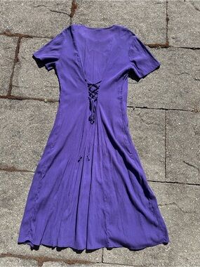 🔮 Vintage 90s Whimsigoth Royal Purple Midi Dress with Lace-Up Back 🔮